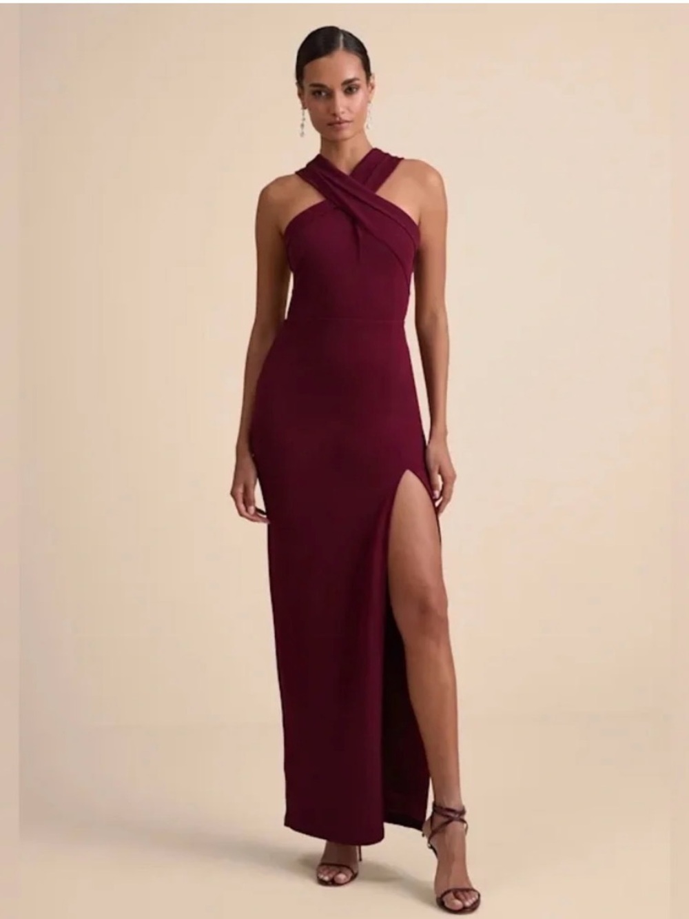Lulu's burgundy Halter-Neck Maxi Dress with Slit